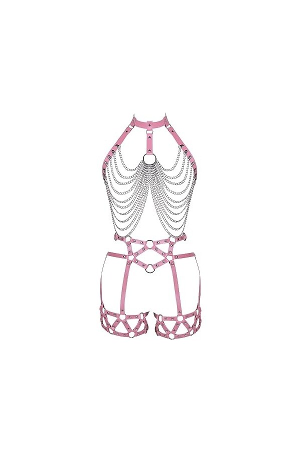 Femmes Body Strap Cuir Soutien - Gorge Creux Cupless Garter Costume Punk Gothique Halloween Club Costume de carnava Rose Rou