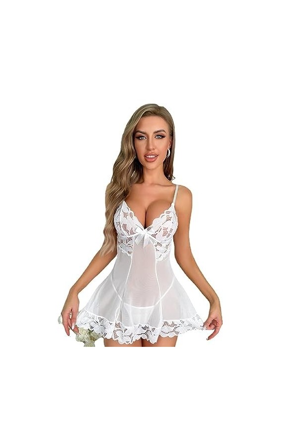 CorsetLingerie érotique Femme Sheer Mesh Sexy Pyjama Chemise de Nuit Deux pièces, Blanc, M