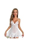 CorsetLingerie érotique Femme Sheer Mesh Sexy Pyjama Chemise de Nuit Deux pièces, Blanc, M