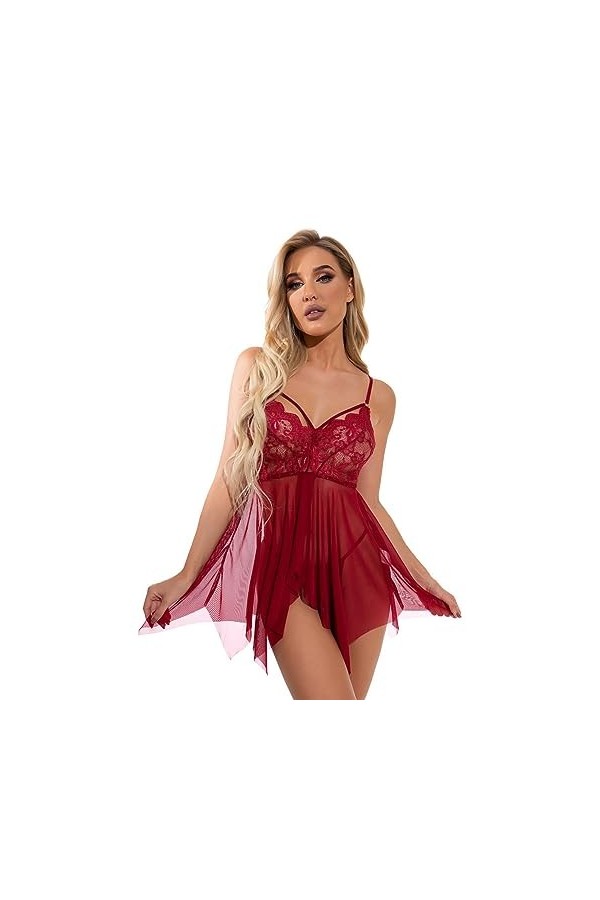 ZTIANEF Front ouvertSlip Dress Sexy Chemise de Nuit érotique ajourée Lingerie, Rouge, XXL