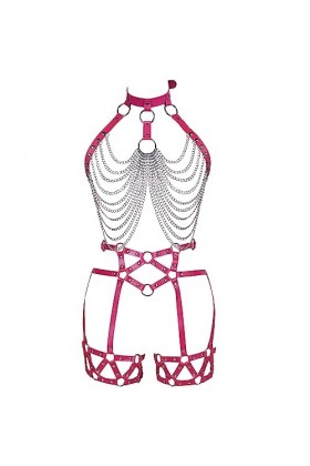 Femmes Body Strap Cuir Soutien - Gorge Creux Punk Fashion Garter Set Gothique Halloween Rave Dance Club Costume Rose Rouge 