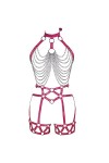 Femmes Body Strap Cuir Soutien - Gorge Creux Punk Fashion Garter Set Gothique Halloween Rave Dance Club Costume Rose Rouge 