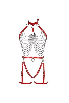 Femmes Body Strap Cuir Soutien - Gorge élégant évidé Punk Garter Set Gothique Halloween Rave Dance Club Costume Rouge 