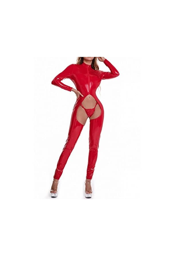 COOKOE Justaucorps en cuir verni latex effet mouillé à col montant et manches longues avec fermeture éclair