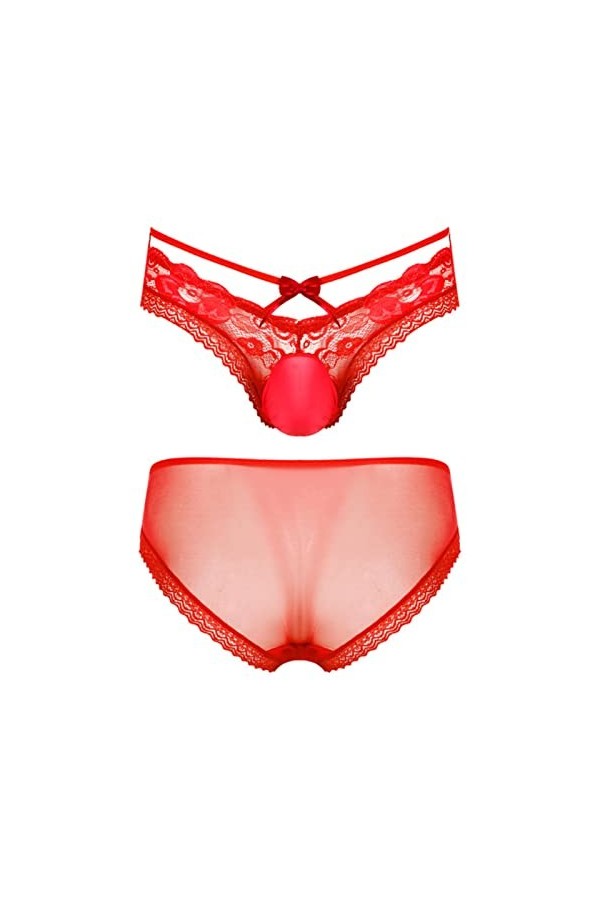 NJUDE Sissy Culotte sexy pour homme en maille transparente ajourée avec bordure en dentelle Taille basse