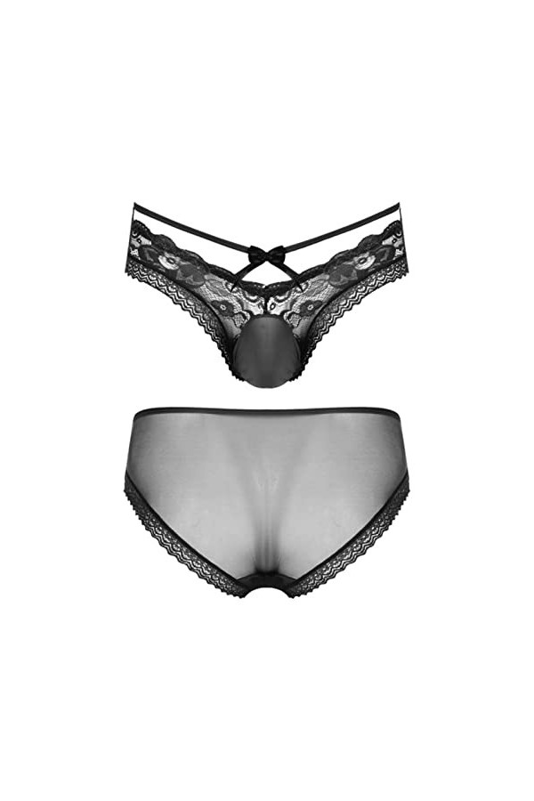 NJUDE Sissy Culotte sexy pour homme en maille transparente ajourée avec bordure en dentelle Taille basse