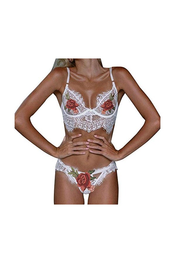 Costumes pour Femmes Ensemble de Soutien-Gorge Sexy en Dentelle brodée sans Couture Lingerie Sexy Grande Taille Blanc L 
