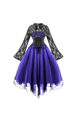 KBOPLEMQ Vêtements médiévaux pour femme - Corset en dentelle - Robe de cocktail à manches longues - Robe punk - Robe en mouss