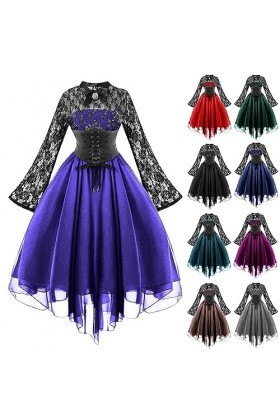 KBOPLEMQ Vêtements médiévaux pour femme - Corset en dentelle - Robe de cocktail à manches longues - Robe punk - Robe en mouss