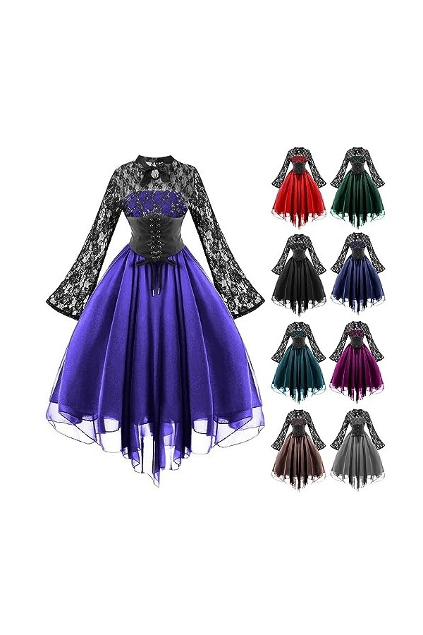 KBOPLEMQ Vêtements médiévaux pour femme - Corset en dentelle - Robe de cocktail à manches longues - Robe punk - Robe en mouss