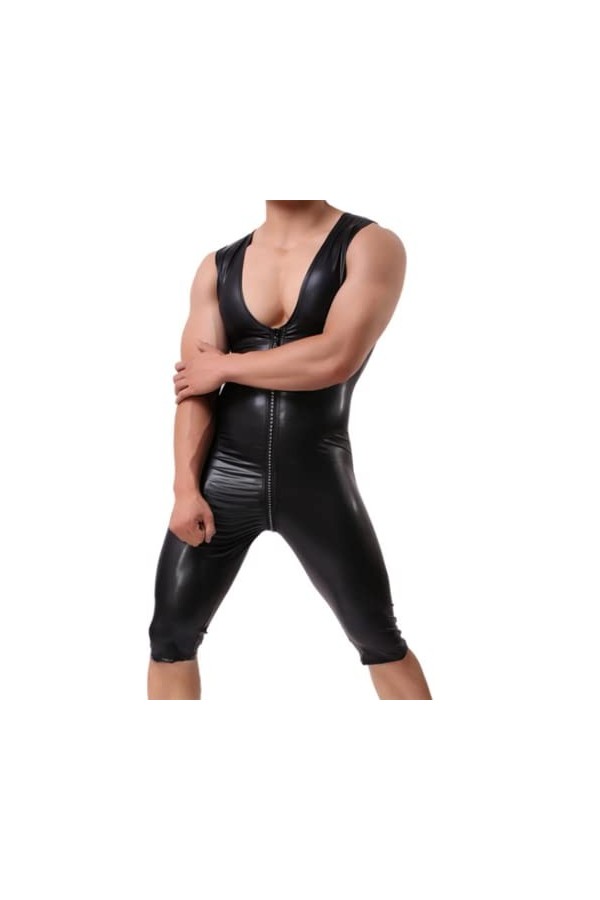 HSQSMWJ Homme Catsuit Cuir Verni Leotard Lingerie Ouverte Zip Jumpsuit Wetlook Body Bodysuit Jumpsuit Clubwear Color:Black,S