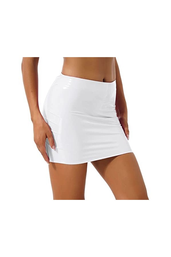 Mini-jupe sexy en cuir verni pour femme - Taille élastique - Rouge - Taille M
