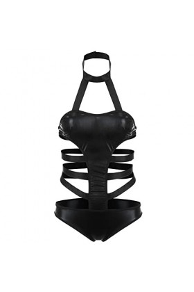 YGCLDRYERS Body Femme Cuir Vernie Bodysuit Lingerie Dos Nu Jumpsuit Clubwear 2022,Noir,S