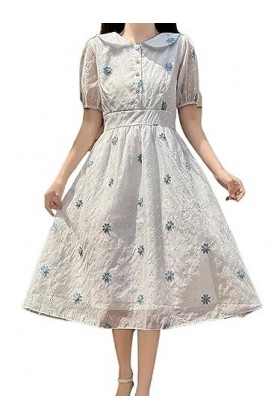 ZYSWCHB Robe dété Robe Femme été col Claudine Broderie Florale Taille élégante Robe mi-Longue Color : Photo Color, Size : M