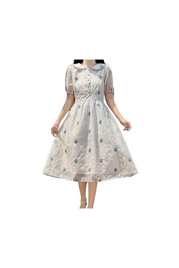 ZYSWCHB Robe dété Robe Femme été col Claudine Broderie Florale Taille élégante Robe mi-Longue Color : Photo Color, Size : M