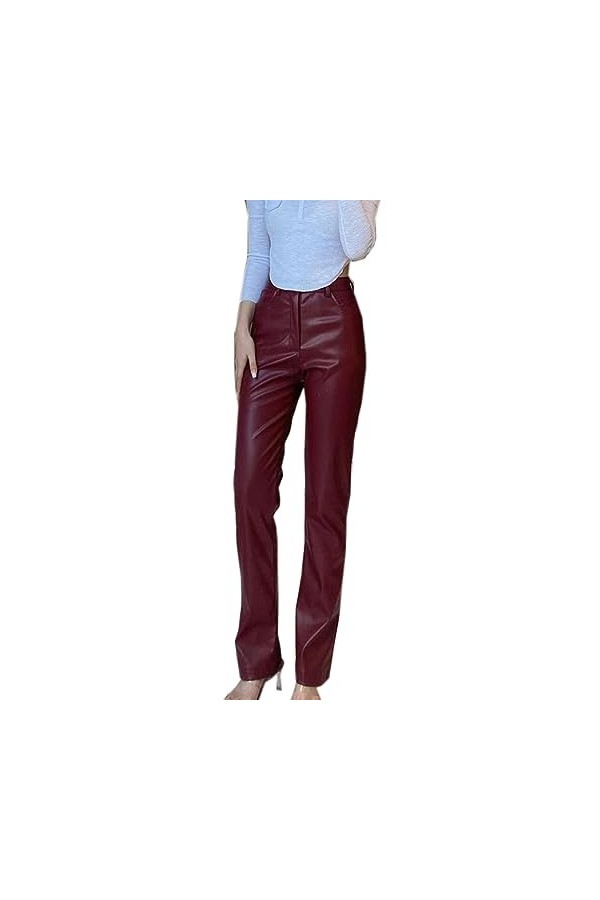 DCIUSTFHE Femmes Sexy Cuir PU Taille Haute Droit Pantalon en Cuir Boîte De Nuit Barres DS Scène Vêtements,Marron,S