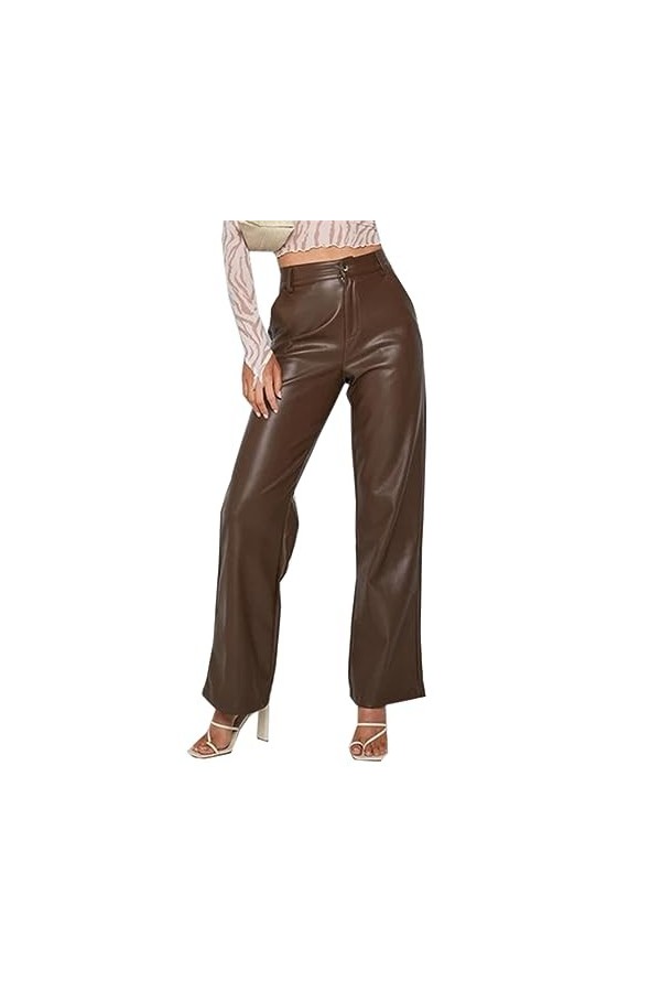 DCIUSTFHE Femmes Sexy Cuir PU Taille Haute Droit Pantalon en Cuir Boîte De Nuit Barres DS Scène Vêtements,Marron,S