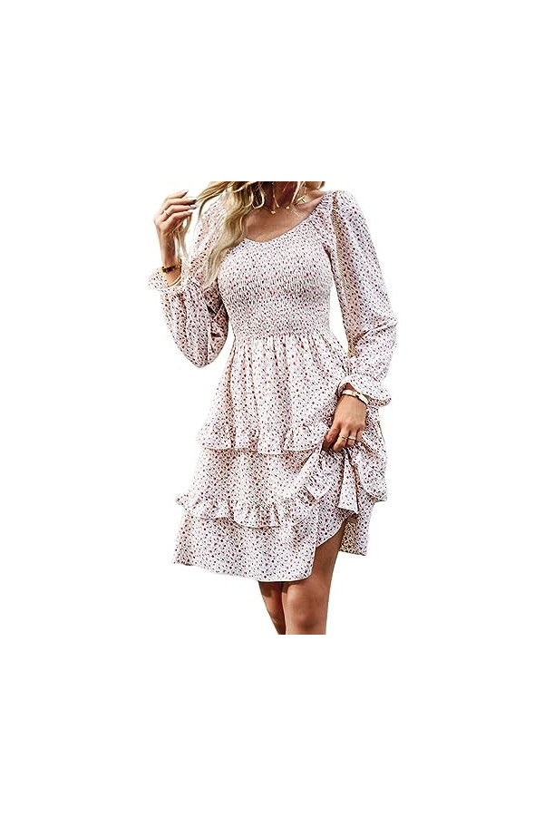 Qoier Robe dété décontractée à imprimé Floral pour Femmes à Manches Longues col en V à Volants Ourlet Robes Streetwear Tenue