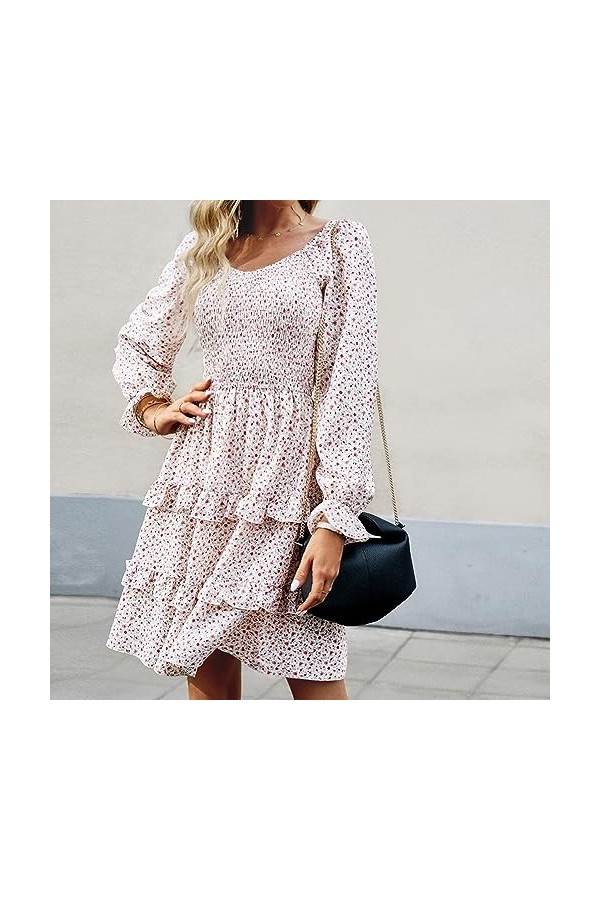 Qoier Robe dété décontractée à imprimé Floral pour Femmes à Manches Longues col en V à Volants Ourlet Robes Streetwear Tenue