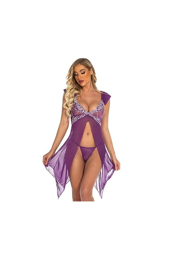 LatexViolet Panneaux Sexy Pure Lingerie érotique Slip Jupe Avant Ouvert, Violet, S
