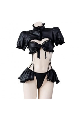 COOKOE Lingerie sexy pour femme - Costume de costumade - Soutien-gorge en cuir synthétique - Noir