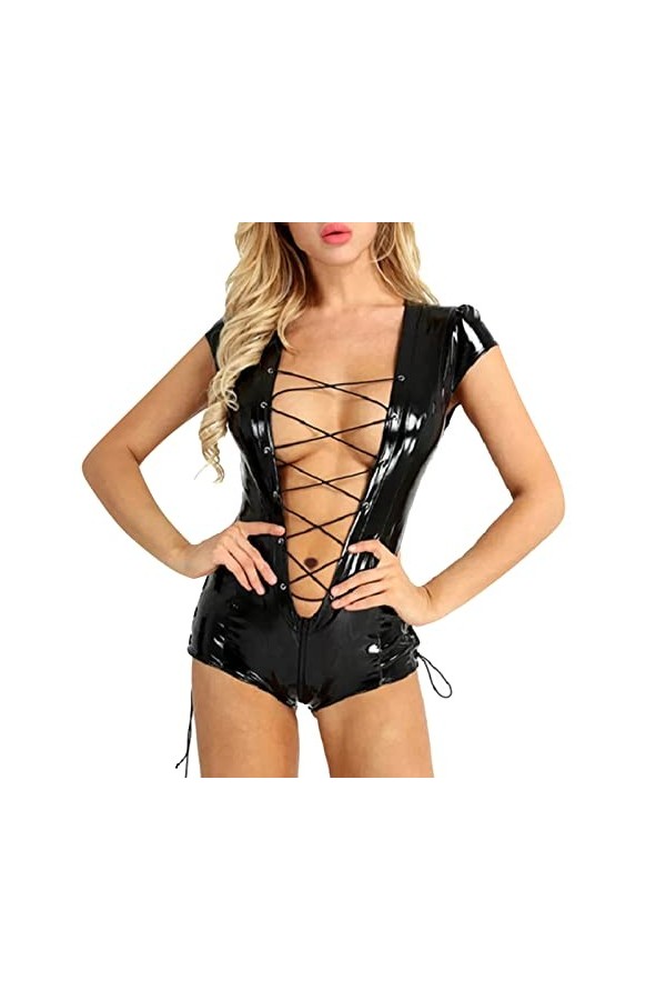 Sexy Creux Simili Cuir V Profond À Lacets Lingerie Sexy Pyjamas Sexy Vêtements pour Femmes Lingerie Sexy Noir M 