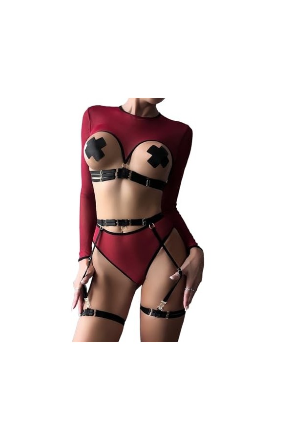 Lingerie pour Femme en Dentelle Nuisette Nuisette Sexy Exotique Chemise de Nuit Dos Nu en Maille Transparente Color : Deep R