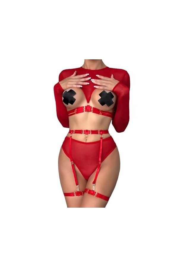 Lingerie pour Femme en Dentelle Nuisette Nuisette Sexy Exotique Chemise de Nuit Dos Nu en Maille Transparente Color : Deep R