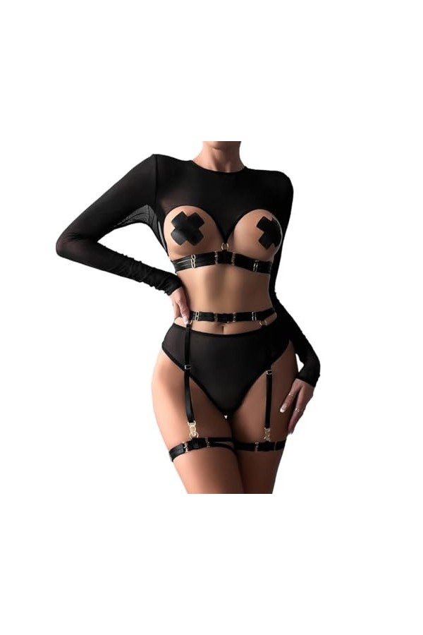 Lingerie pour Femme en Dentelle Nuisette Nuisette Sexy Exotique Chemise de Nuit Dos Nu en Maille Transparente Color : Deep R