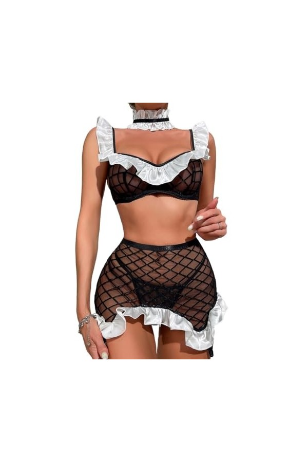 Femmes Sexy Lingerie Dentelle découpé Maille Tentation vêtements de Nuit t-String String Mini Jupe Femme de Chambre Cosplay S