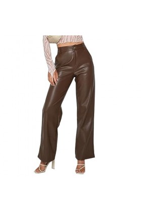 DCIUSTFHE Femmes Sexy Cuir PU Taille Haute Droit Pantalon en Cuir Boîte De Nuit Barres DS Scène Vêtements,Marron,S