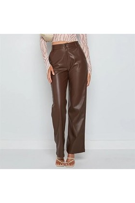 DCIUSTFHE Femmes Sexy Cuir PU Taille Haute Droit Pantalon en Cuir Boîte De Nuit Barres DS Scène Vêtements,Marron,S