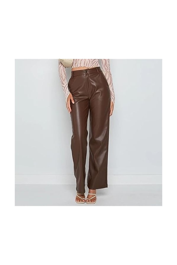 DCIUSTFHE Femmes Sexy Cuir PU Taille Haute Droit Pantalon en Cuir Boîte De Nuit Barres DS Scène Vêtements,Marron,S
