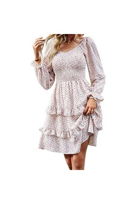 Qoier Robe dété décontractée à imprimé Floral pour Femmes à Manches Longues col en V à Volants Ourlet Robes Streetwear Tenue