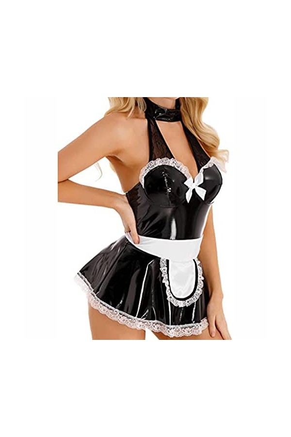 SHENGANG Ensemble de femme de chambre française sexy pour femmes Anime Cosplay Wet Look Cuir verni Déguisement Costume de per