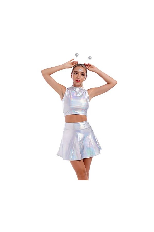 Alien Costume pour femme sexy et métallisée, robe argentée + jupe brillante + serre-tête extraterrestre pour fille,Costume mo