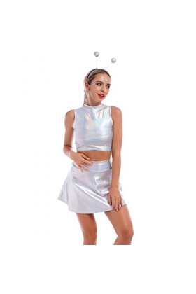 Alien Costume pour femme sexy et métallisée, robe argentée + jupe brillante + serre-tête extraterrestre pour fille,Costume mo