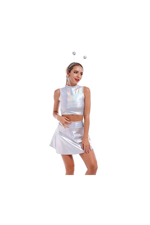 Alien Costume pour femme sexy et métallisée, robe argentée + jupe brillante + serre-tête extraterrestre pour fille,Costume mo