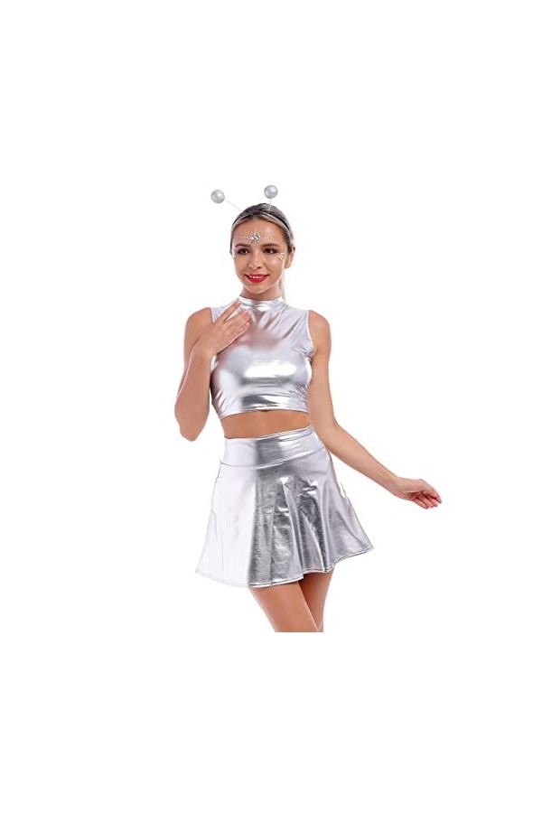 Alien Costume pour femme sexy et métallisée, robe argentée + jupe brillante + serre-tête extraterrestre pour fille,Costume mo