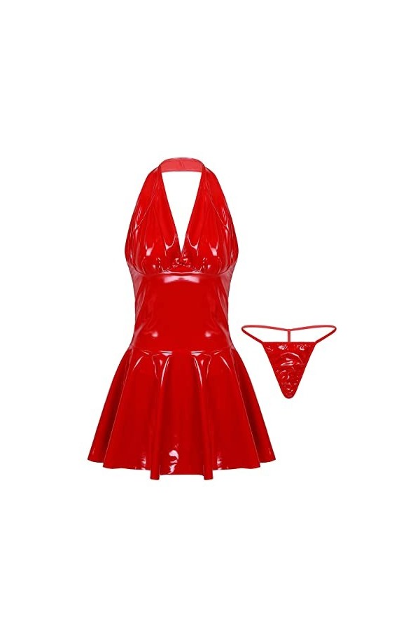 Mini robe plissée sexy sans manches en similicuir pour femme Dos nu Rouge Taille M