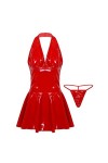 Mini robe plissée sexy sans manches en similicuir pour femme Dos nu Rouge Taille M