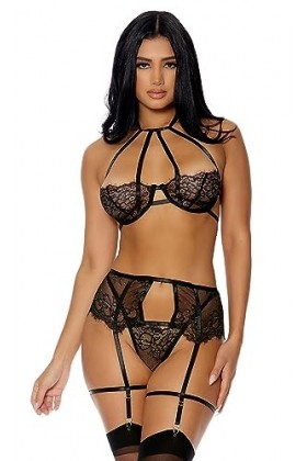 Forplay Ensemble de Lingerie pour Femme en Pleine Fleur Lot de 3 , Noir , M