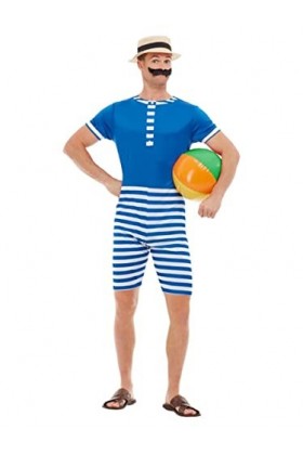 Smiffys Maillot de bain années 20, Homme, 50726XL, bleu/blanc, XL-Size 46"-48"