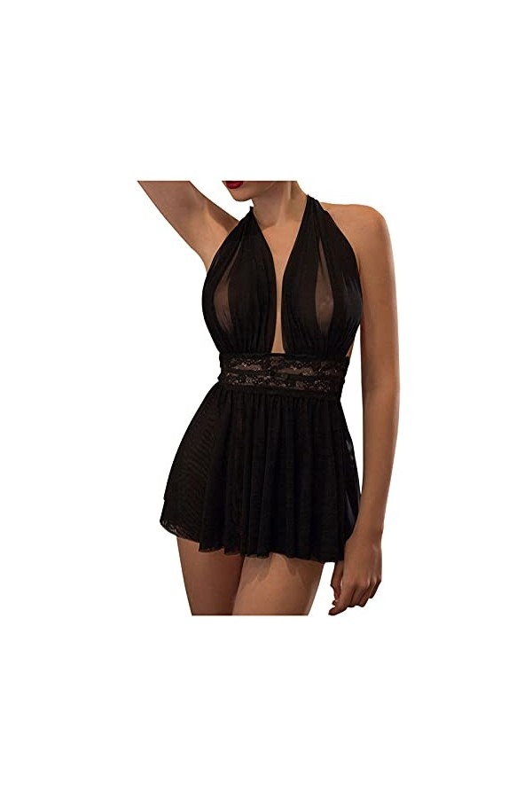 SUNMME Robe Dos Nu en Dentelle pour Femmes, Pyjama Transparent et Sexy, Lingerie à Bandes Rose, Taille Unique 