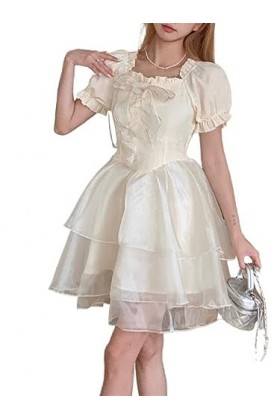 ZYSWCHB Robe dété Kawaii Princesse Femmes Robe Dentelle col carré Patchwork Manches Bouffantes Couches Volants Robe Mignonne