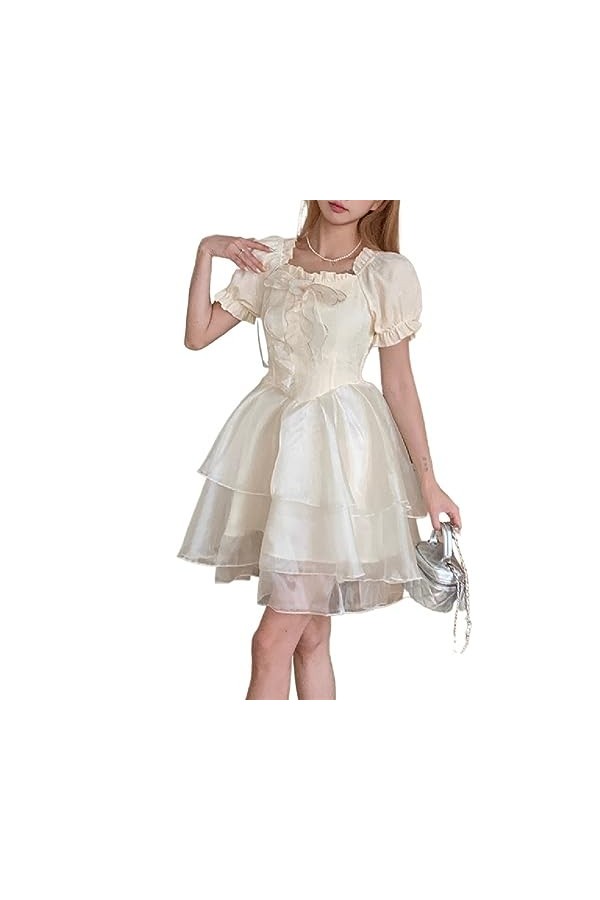 ZYSWCHB Robe dété Kawaii Princesse Femmes Robe Dentelle col carré Patchwork Manches Bouffantes Couches Volants Robe Mignonne