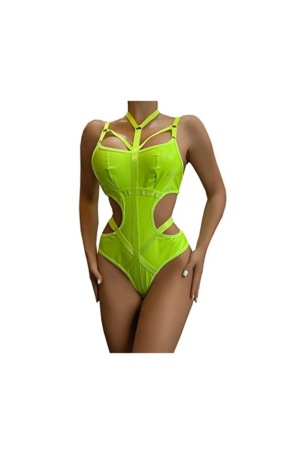 DCIUSTFHE Femmes Sexy Cuir Verni Patchwork Encolure Pendante Dos Nu Une Pièce Bar Boîte De Nuit DS Scène Costumes,Noir,M