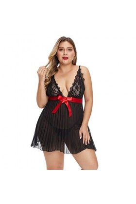 Fashion Sexy Femmes Lace Sexy Plus Size Lingerie Sleepwear 1XL-5XL Dress Grande Taille Femme Robe, Noir , XL