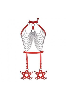 Femmes Body Strap Cuir Punk Soutien - Gorge Mode Corps évidé Cage Garter Set Gothique Halloween Rave Costume Rouge 