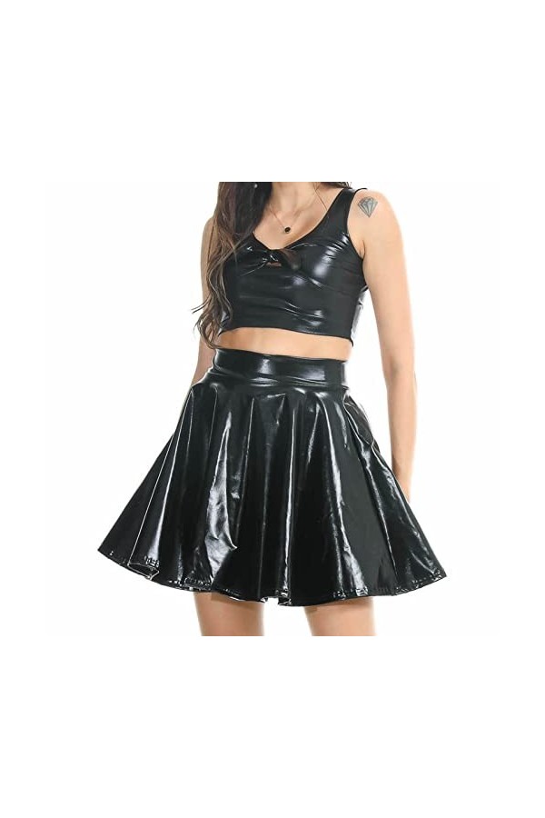 DCIUSTFHE Femmes Sexy Estampage Cuir Verni Plissé Ourlet Jupe en Cuir Boîte De Nuit Bar DS Scène Costumes,Rouge,S